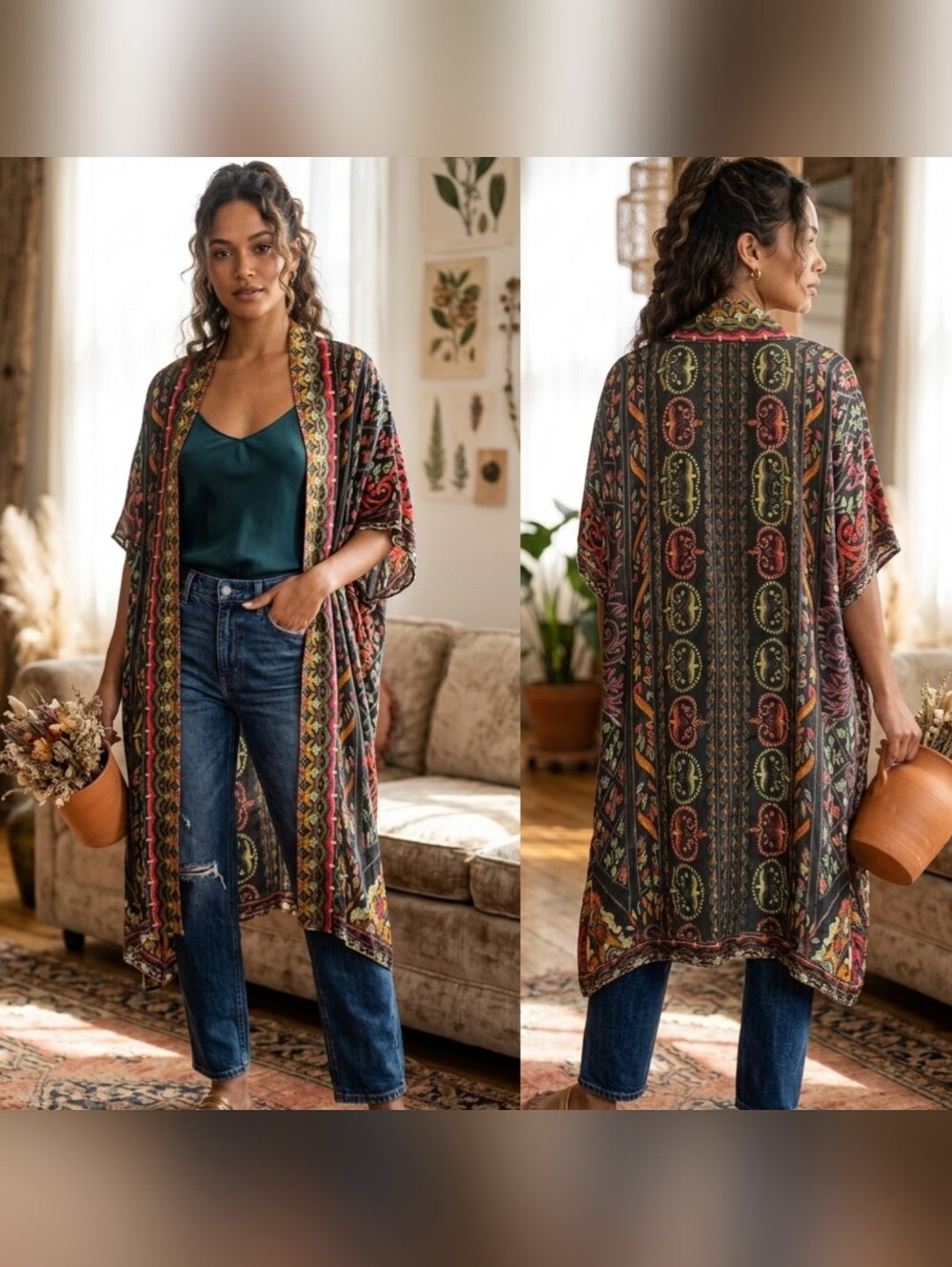 Hemant & Nandita 100% Silk Embroidered Duster Kimono Jacket Multi Black S